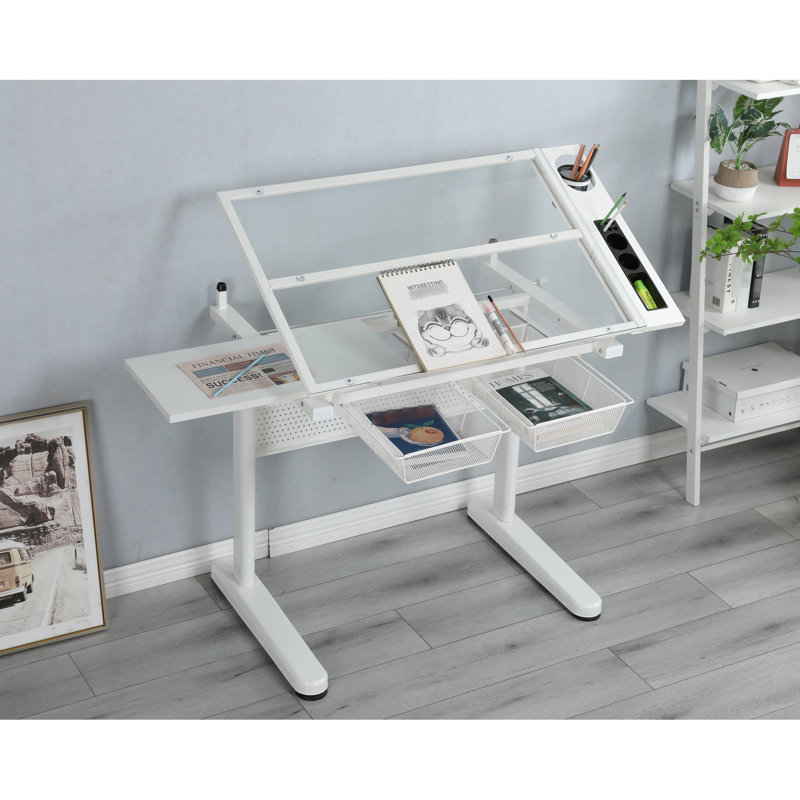 Bureau réglable à manivelle avec bureau inclinable et rangement latéral - option 2 tiroirs en métal blanc, tabouret