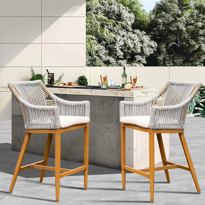 Of 2 Outdoor Tall With - Aluminum, Rope, Khaki Cushion For Patio, Pool, Garden Counter Height Person Seating Group Aluminum Frame, Rope Back, Garden, Patio