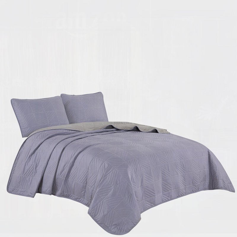3-Piece Reversible Lavender Leaf-Quilted Microfiber Bedspread Set,Queen