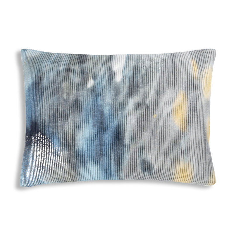 Cloud9 Design Islay Blue Velvet Pillow Embellished Decorative Cushion with Watercolor Distressed Print and Metallic Foil Modern Glam Style
