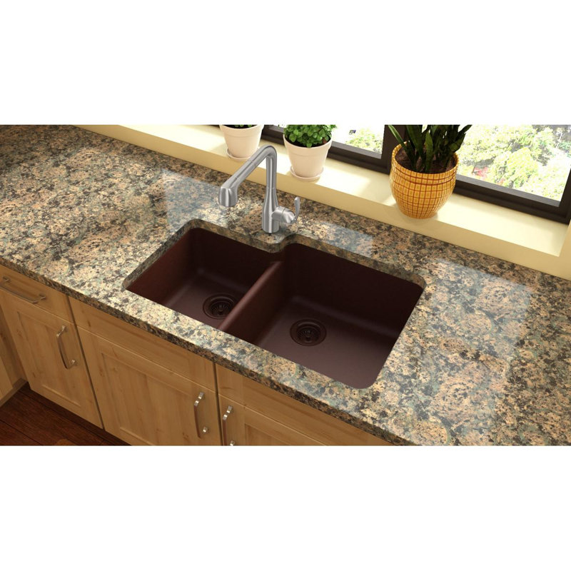 Quartz Classic 33" x 20-11/16" x 9" Double Basin Undermount Kitchen Sink, Pecan