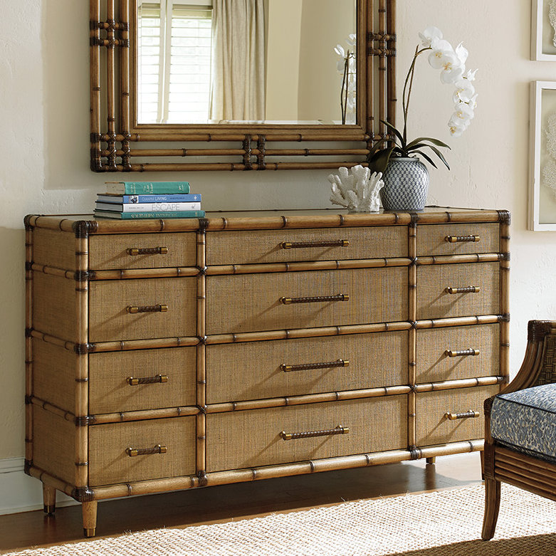 Twin Palms 68" Brown Coastal Woven Raffia 12-Drawer Dresser