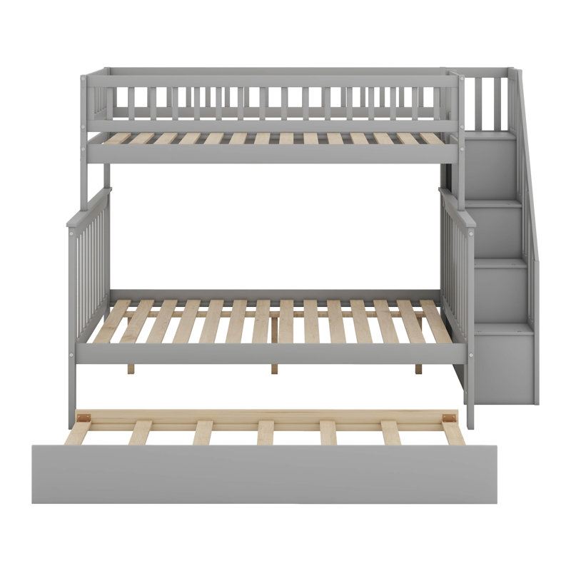 Solid Twin Over Full Wood Stairway Bunk Bed Frame With Trundle And Storage, Gray