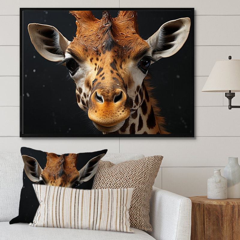 Portrait de girafe noir et blanc II - impression, H 16 po x l 32 po, Cadre flottant noir