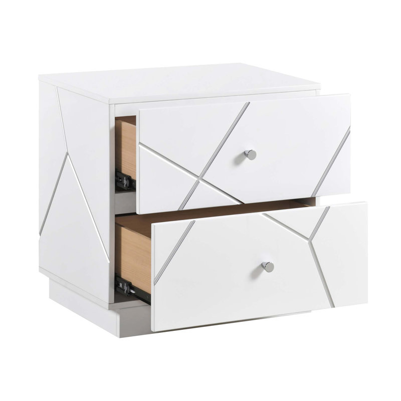 Table de chevet 2 tiroirs à finition glamour avec détails géométriques pour les meubles de chambre à coucher modernes