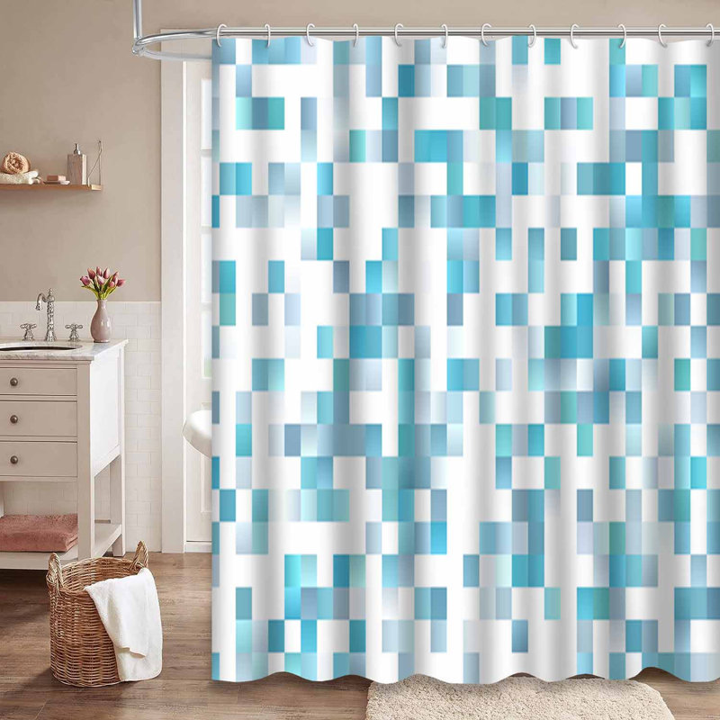 Dark Blue Rectangles Rectangular Navy Shower Curtain with 12 Hooks, 72" L x 78" W