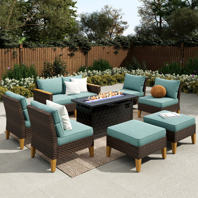Phenice 9 - Person Wicker Outdoor Patio Conversation Furniture Sectional Set with Fire Pit Table