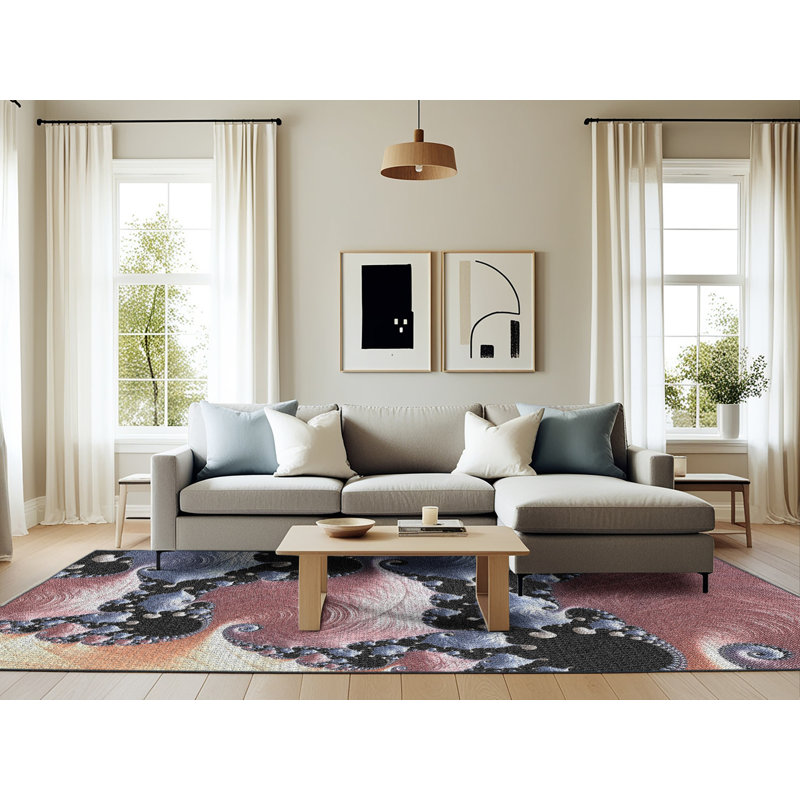 Tapis bleu/rose à motifs, Rectangle 6 pi x 9 pi
