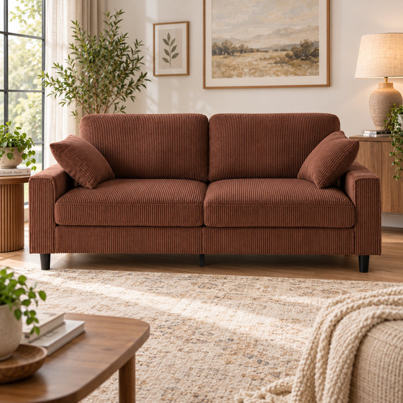 Sofa deux places Unaluna en velours côtelé avec structure en fer et bois, accoudoirs carrés, Orange
