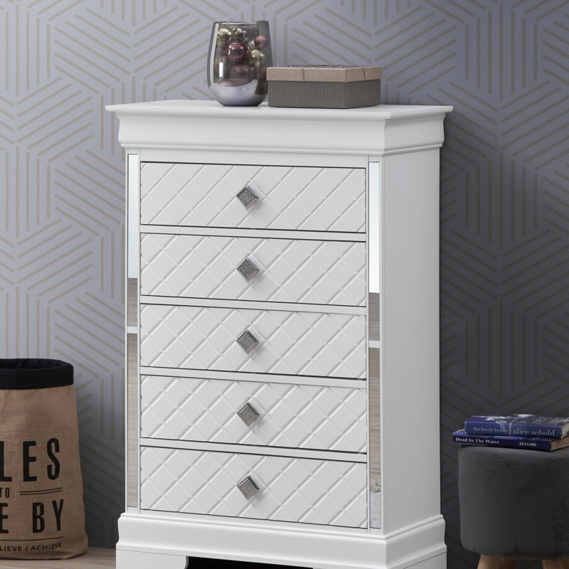 Verona G6790-CH Traditional Wooden Dresser with Silver Champagne Embossed Design and Chrome Pulls for Elegant Bedroom Storage