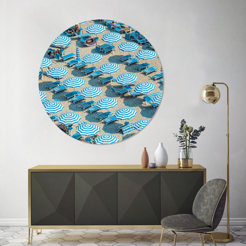 Umbrella Landscape Nautical and Coastal Round Acrylic Art by Oliver Gal, 16" H x 16" W
