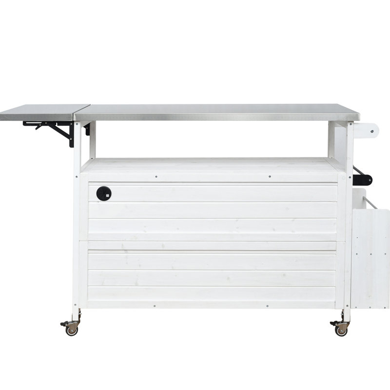 Îlot de cuisine extérieur portatif avec plateau en bois de sapin rouillé et étagère centrale réglable, porte-serviettes de cuisine.