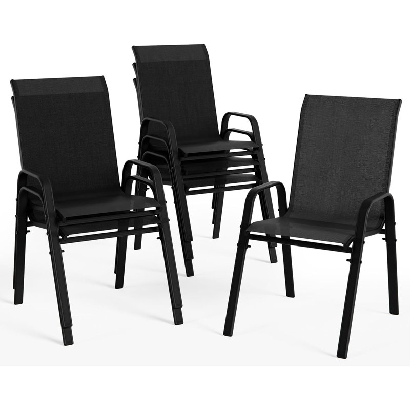 Outdoor Stackable Garden Patio Dining Armchairs with PVC-coated polyester Seat, Black, 6