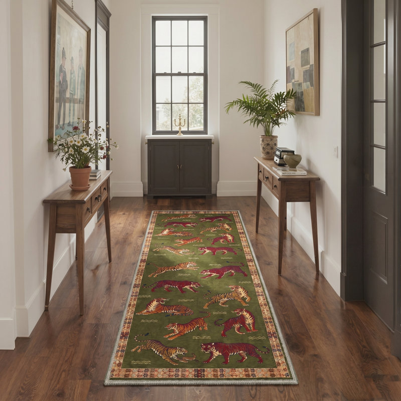 Abrahamson Tigris Animal Print Machine Washable Green Indoor Area Rug with Non-Slip Backing, Runner 2'3" x 6'