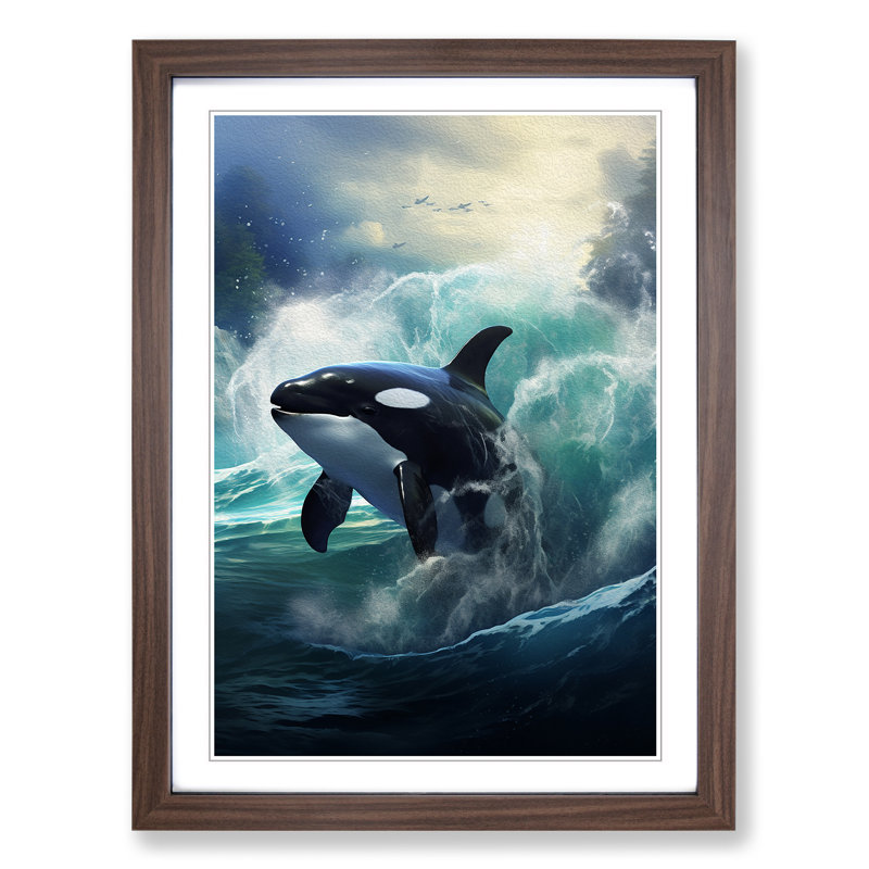 Orca Whale Realism - Single Picture Frame Print on Wood, Walnut Framed, 64cm H x 46cm W x 2cm D