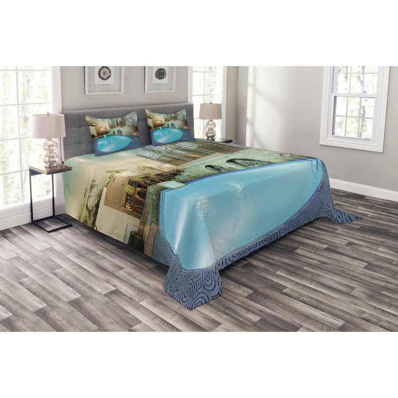 Addiley Blue/Beige Microfibre Bedspread Set, 220 x 220 cm Bedspread - 2 Shams