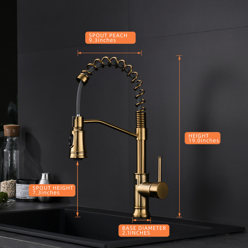 Mains - Robinet de cuisine automatique avec douchette rétractable - Évier moderne sans contact à finition or brossé et contemporain