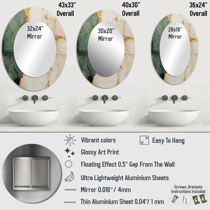 Green Gold Minimalism Poteries I - Large Oval Wall Mirror On Metal, 36" x 24"