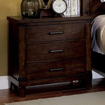 Mobilier de chambre à coucher rustique: Table de chevet en bois de noyer foncé à 3 tiroirs avec table de chevet à finition noire et 3 tiroirs