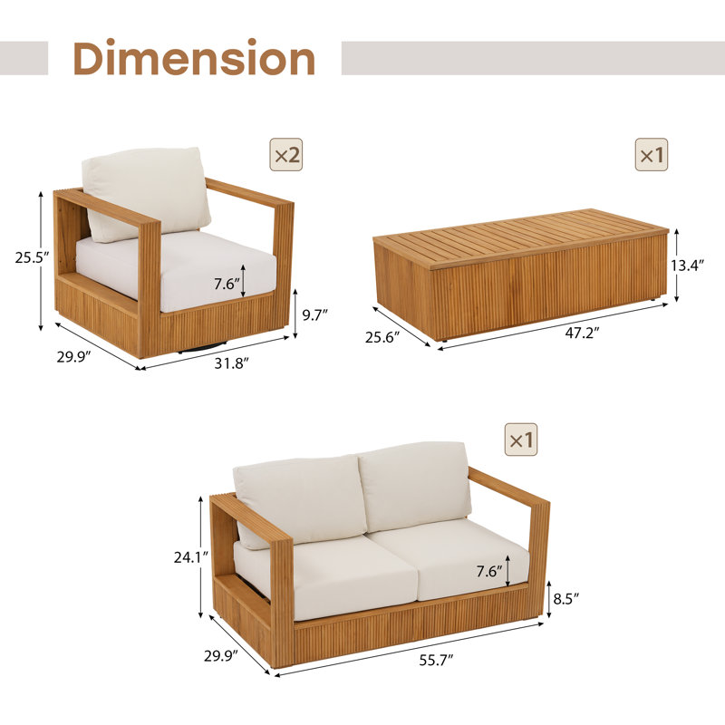 Ensemble de conversation extérieur 4 pièces en teck massif, 4 pièces: table, 2 chaises pivotantes, causeuse