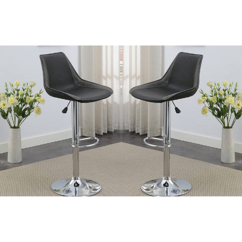 2x Adjustable Ebony Bar Stools, Modern Style, Base, Wax Leather Covered Seat Chairs, 2 Units, Leather, Adjustable, Finish