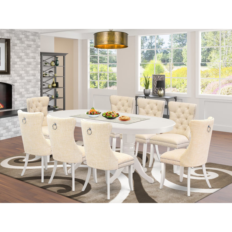 9 Piece Kitchen Table Set Includes an Oval Dining Table with Removable leaf and 8 Chairs, linen white, Beige/White
