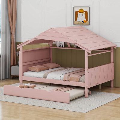 Wood Full Size House Bed with Twin Size Trundle and Storage -  Cosmic, COS80007259AAH