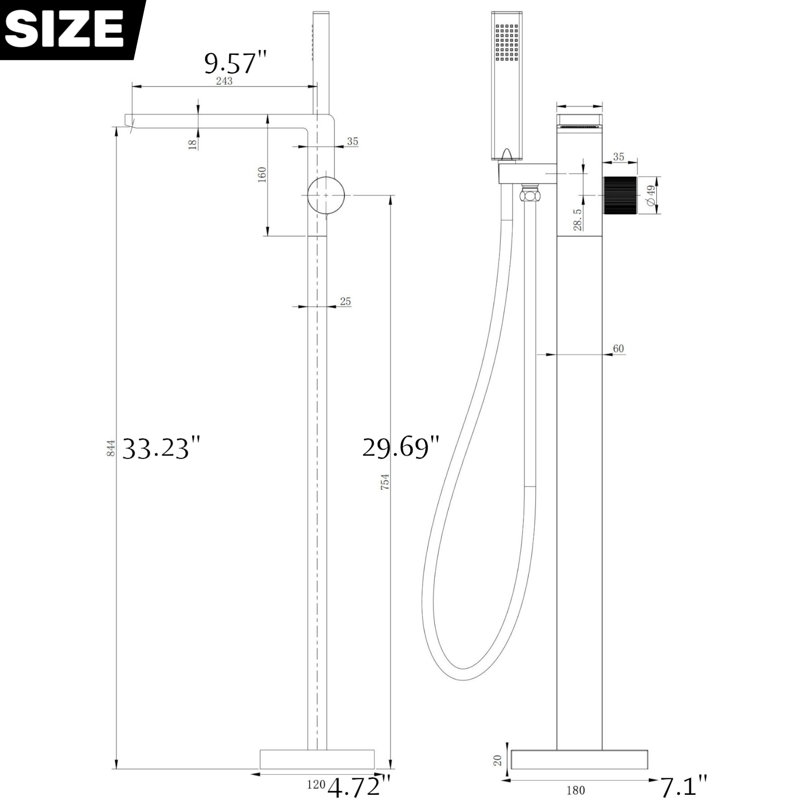 Robinet de baignoire autoportant avec robinet à cascade en laiton noir pour salle de bain avec douche à main 6 gallons par minute
