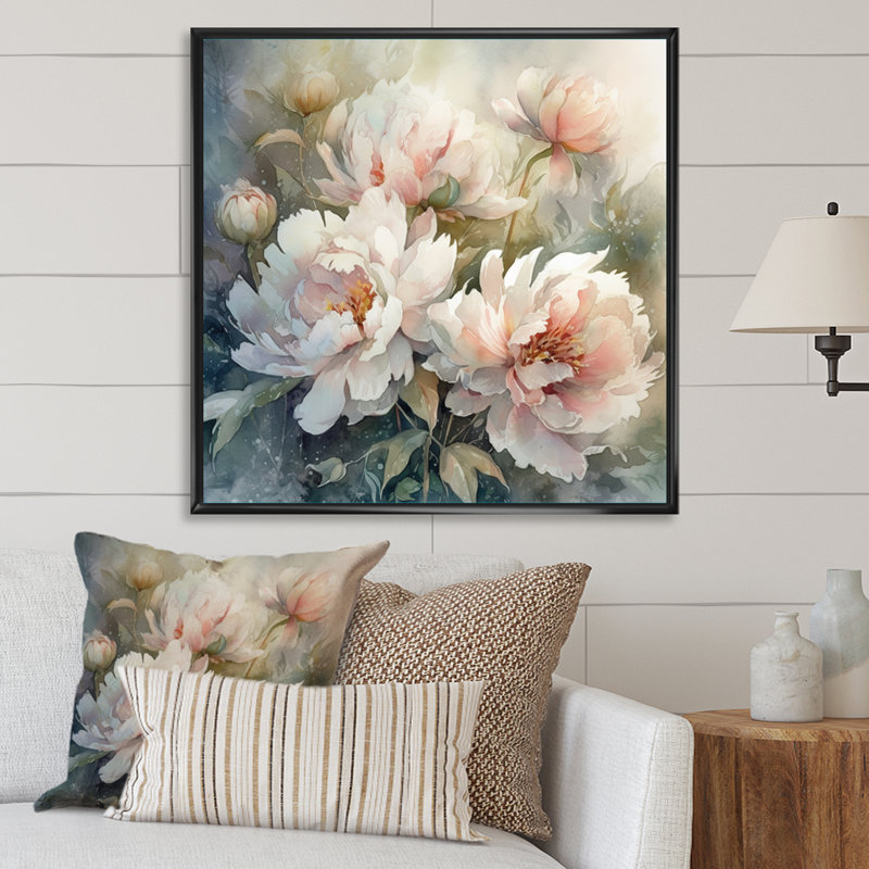 Pivoines roses et vertes sur une branche II - pivoines, art mural, H 24 po x l 24 po, Cadre flottant noir