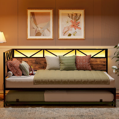 Twin Daybed With Trundle & Charging Station - Metal Frame, Rgb Lighting, Space-Saving by 17 Stories
