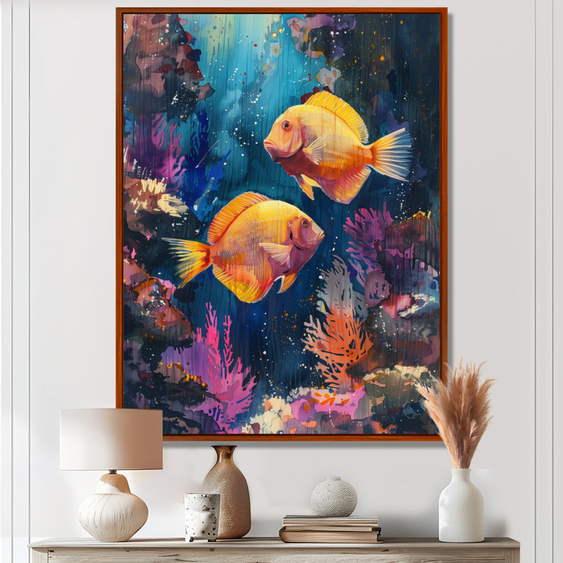 «Blue Orange Coral Marine Life I», impression d'art mural, Cadre flottant noir, H 34 po x l 44 po