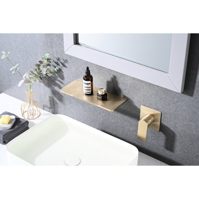 Brushed Gold Wall Mounted Bathroom Sink Faucet - Waterfall Design, Single Handle Modern With Shine