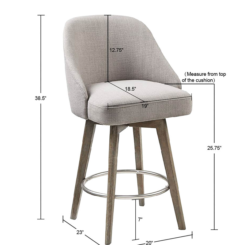 Tabouret de comptoir pivotant, pieds en bois massif, revêtement gris, repose-pieds à anneau en métal, hauteur de 25,75 po, assemblage requis avec outil pivotant à 360 degrés, nécessaire