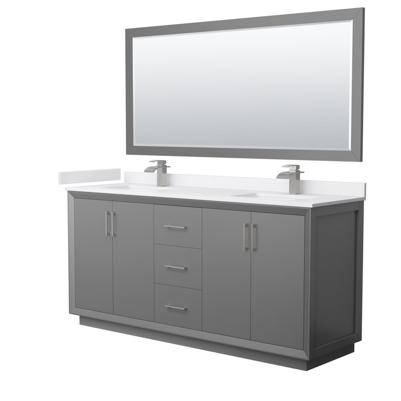 Ensemble de meuble-lavabo double 72 "avec miroir Strada, Gris foncé, Noir mat, Marbre de culture blanc