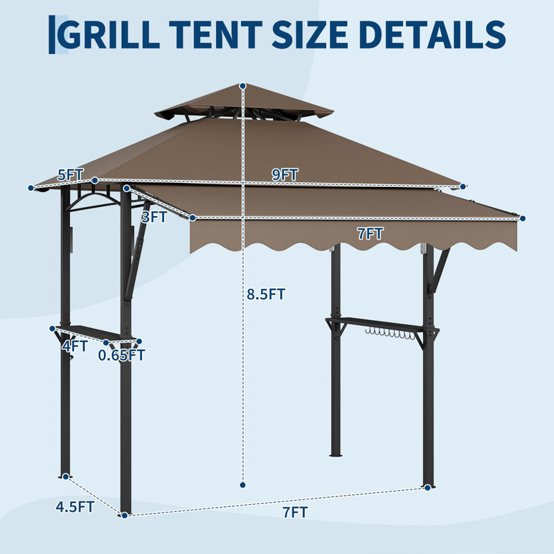 Heavy Duty Steel Grill Gazebo 8' x 5' with Double-Tier Roof, 7' x 3' Extra Awning, Shelves, Outdoor BBQ Metal Canopy for Patio Backyard, Brown