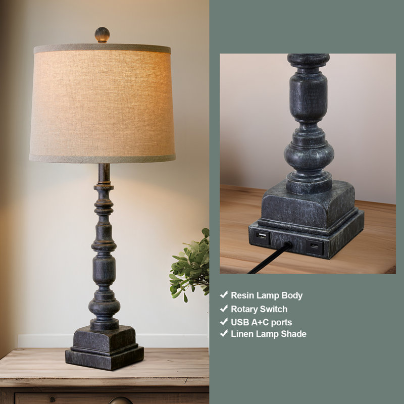 Rustic Black Resin Table Lamp Set with USB Ports