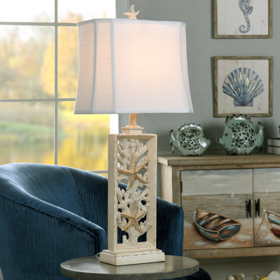 South Cove Coastal Cast Table Lamp - Weathered Cream Finish - White Fabric Shade