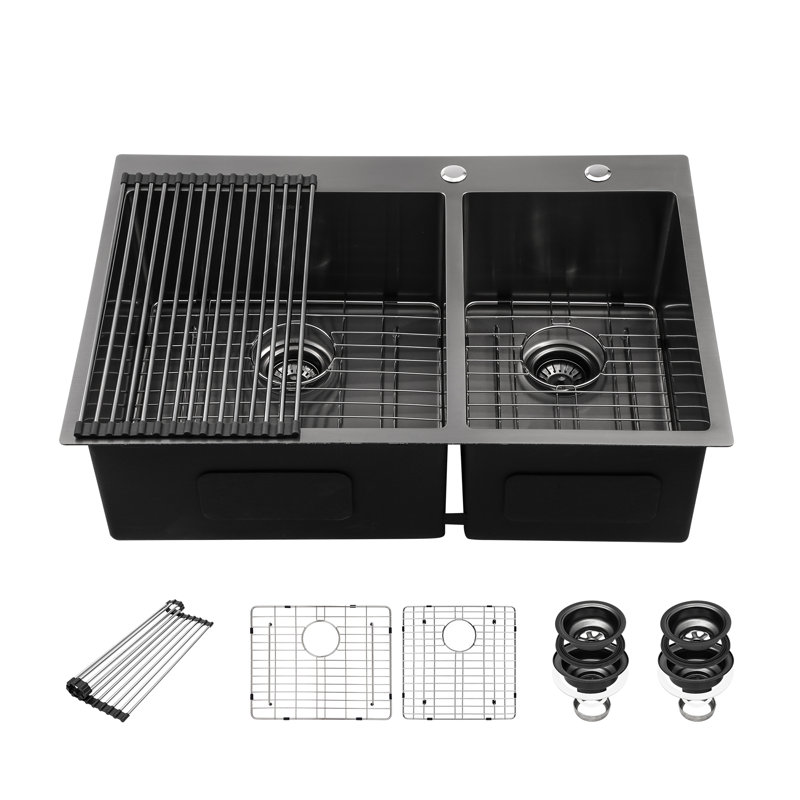 Évier de cuisine 33 po à double cuve en acier inoxydable encastré 60/40