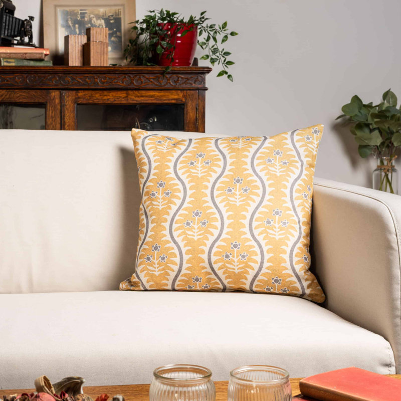 Scalloped Floral Block Print Cushion in Ochre Yellow, 43x43cm, Feather filled