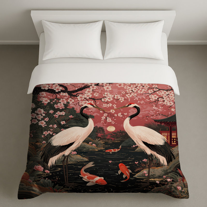Housses de couette Cherry Blossom Cranes Koi, Queen