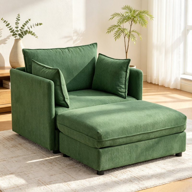 Upholstered Chenille Accent Chair With Footstool, Green Chenille