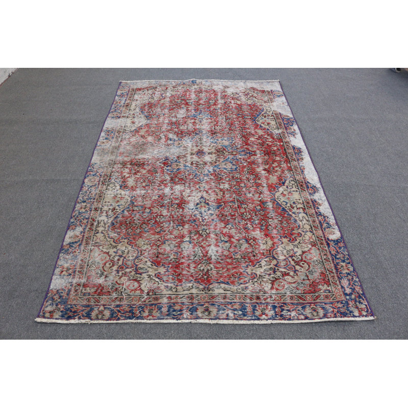 Authentique tapis turc rétro à motif floral rouge et bleu parfait pour un décor unique