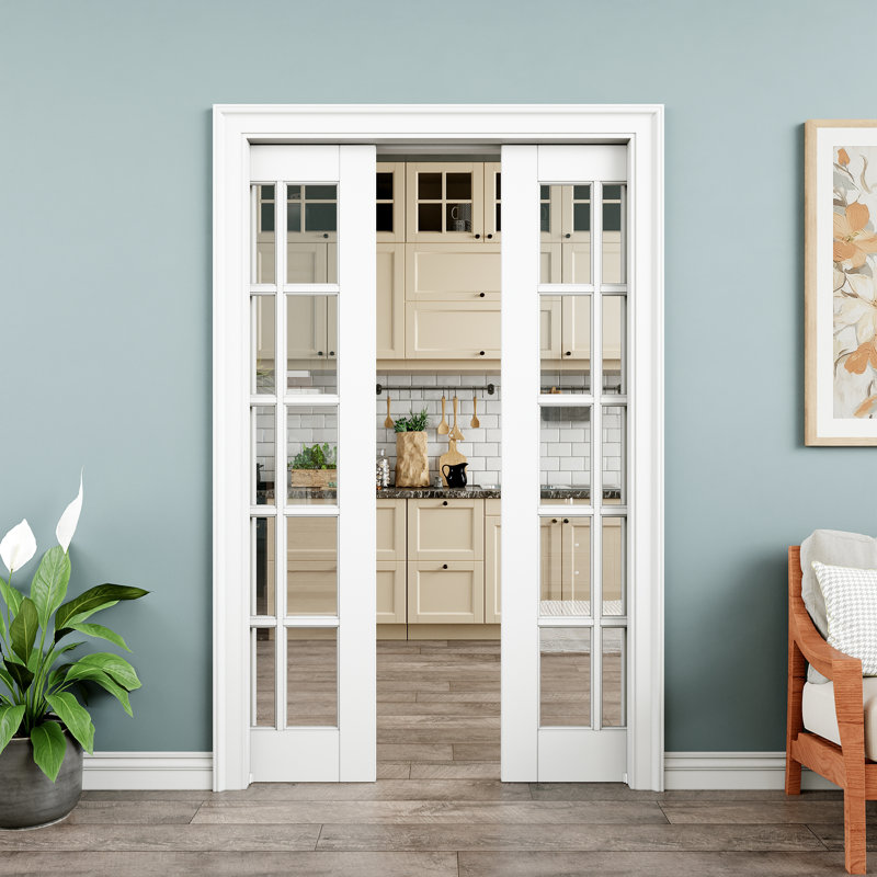 Porte coulissante escamotable 48x96 avec fermeture amortie, double porte coulissante escamotable 24x96 à 10 carreaux en verre clair avec joint de rail, panneau de porte à âme pleine, peignable et imperméable, utilisable comme porte de buanderie, porte de placard, porte de chambre, porte cachée