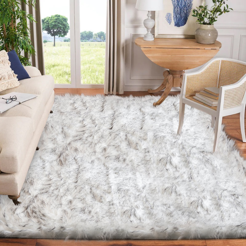 Haja Shag Faux Sheepskin Fur White Fluffy Area Rug with Gray Tips, Rectangle 6'6'' x 10'