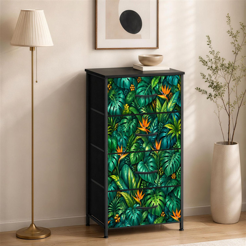 Commode à 4 tiroirs pour chambre à coucher avec feuilles tropicales vertes Monstera