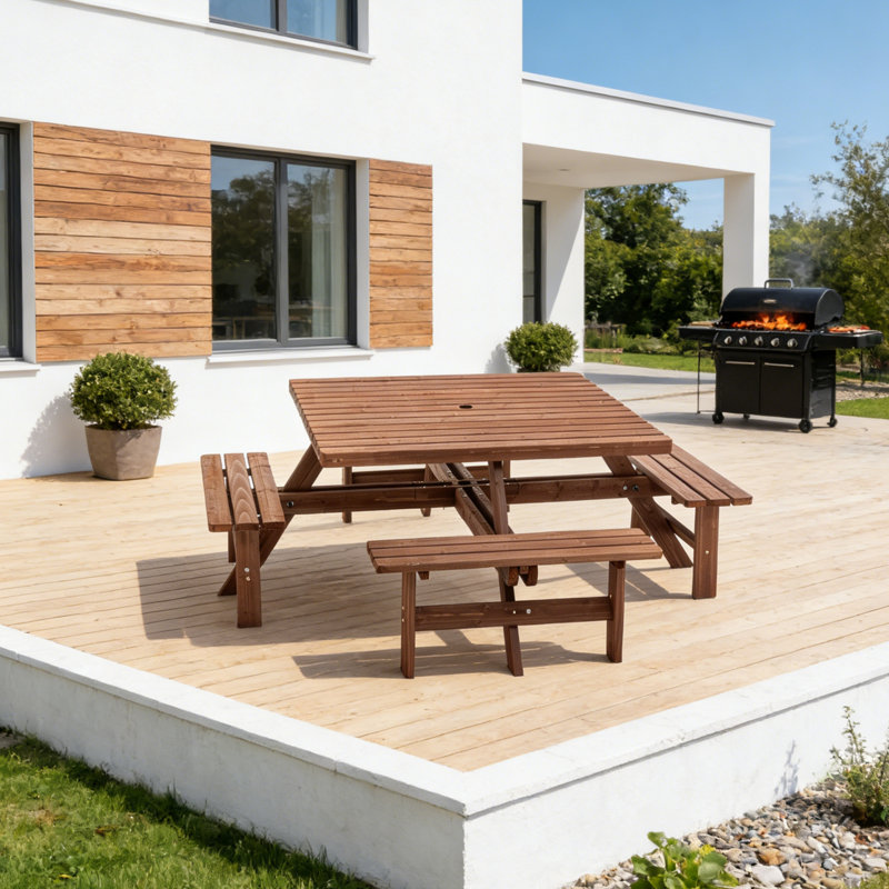 75"W Rectangular Wood Outdoor Picnic Table With Umbrella Hole, Rectangle