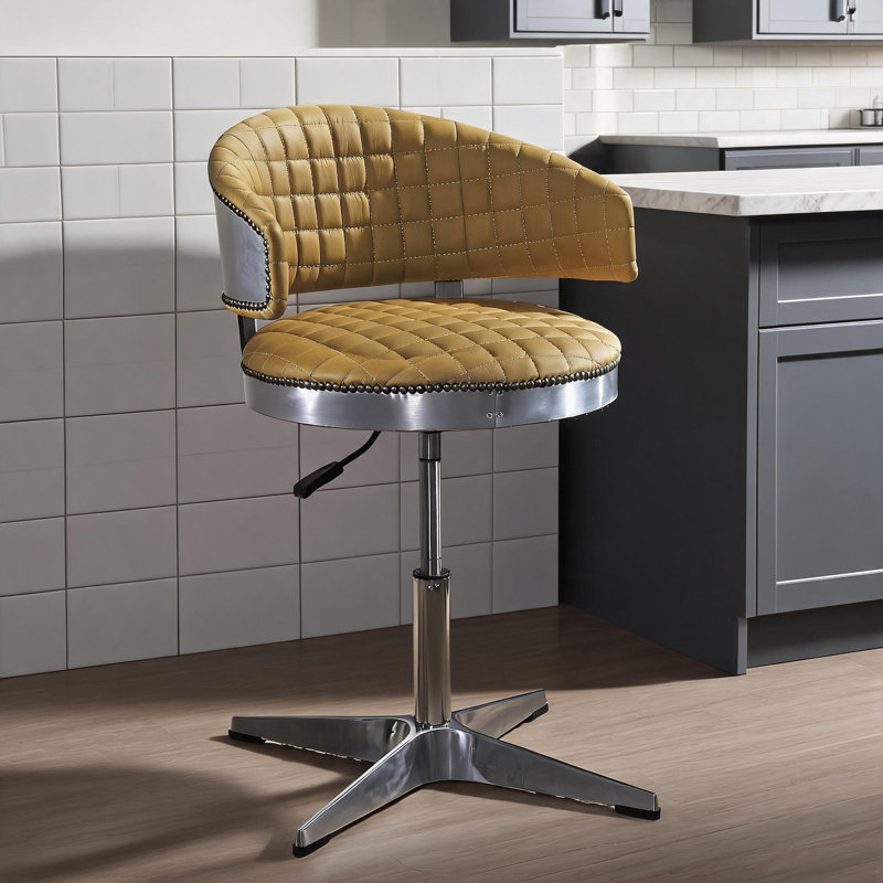 Tabouret pivotant simple ajustable et capitonné, siège d'appoint en cuir jaune doux