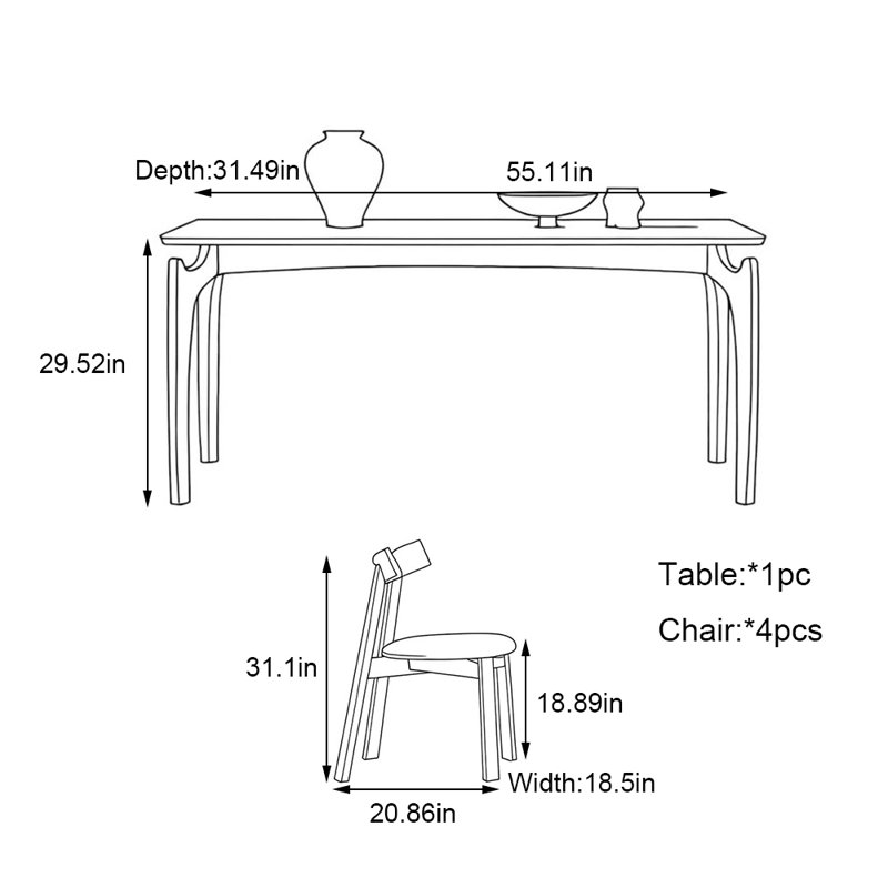 Rectangular solid wood rock dining table set, 29.52"H x 55.11"L x 31.49"W