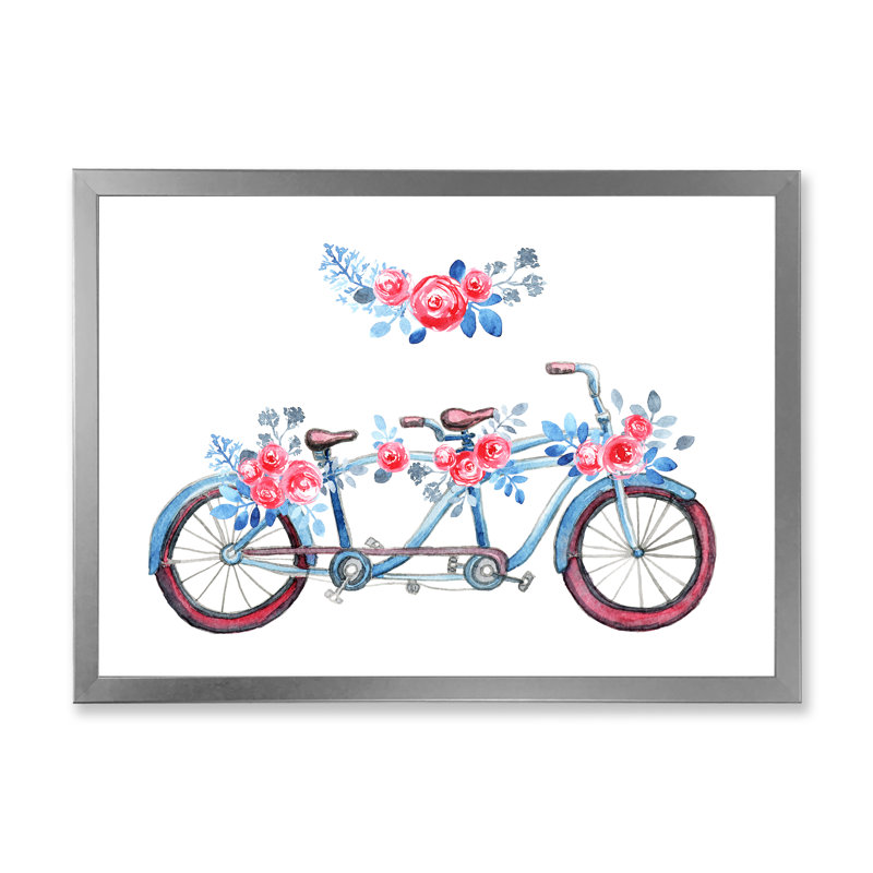 " Tandem Bicycle " Painting Print, Silver Closed Corner Frame, 30" H x 40" W x 1.5" D