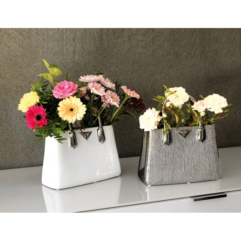 Usry Ceramic Table Vase, white/Silver